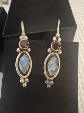 Sterling Silver Moonstone and Garnet Drop Earrings - Blue and Deep Red